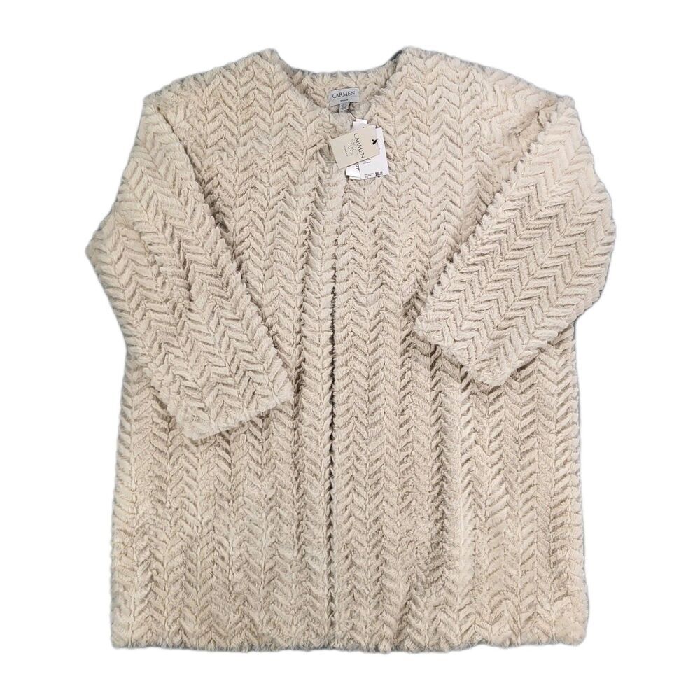 Carmen Marc Valvo Faux Fur Coat - Beige Herringbone Zig-Zag Pattern Sz 2x/TTG